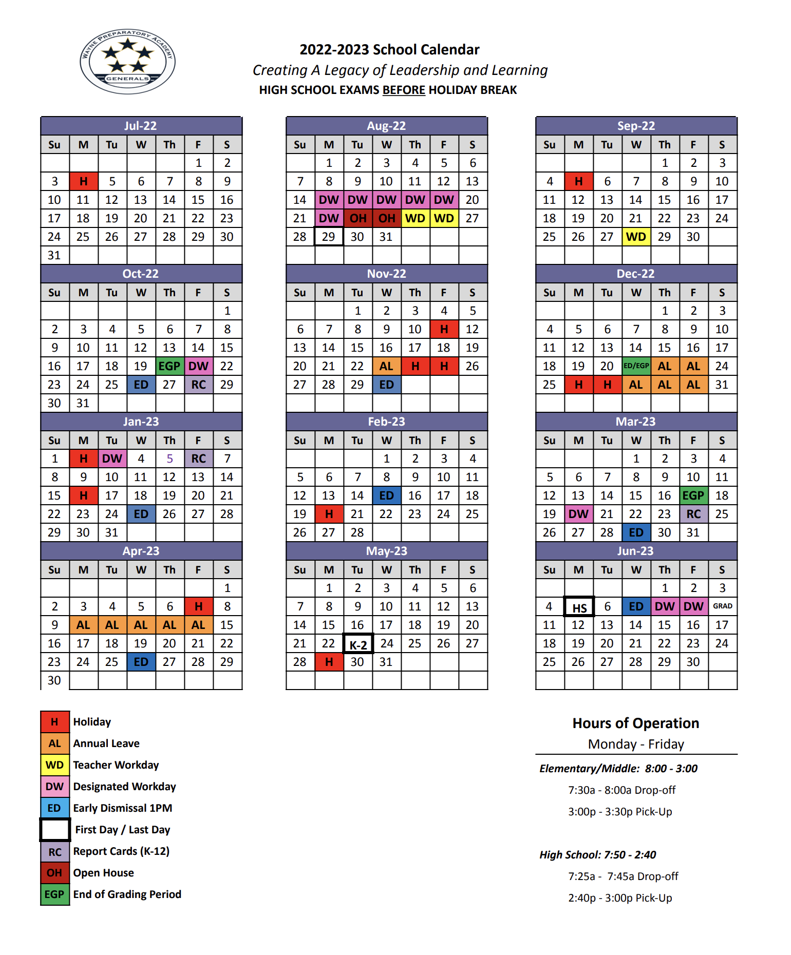 2022 2023 School Calendar Scholar Handbook Wayne Preparatory Academy